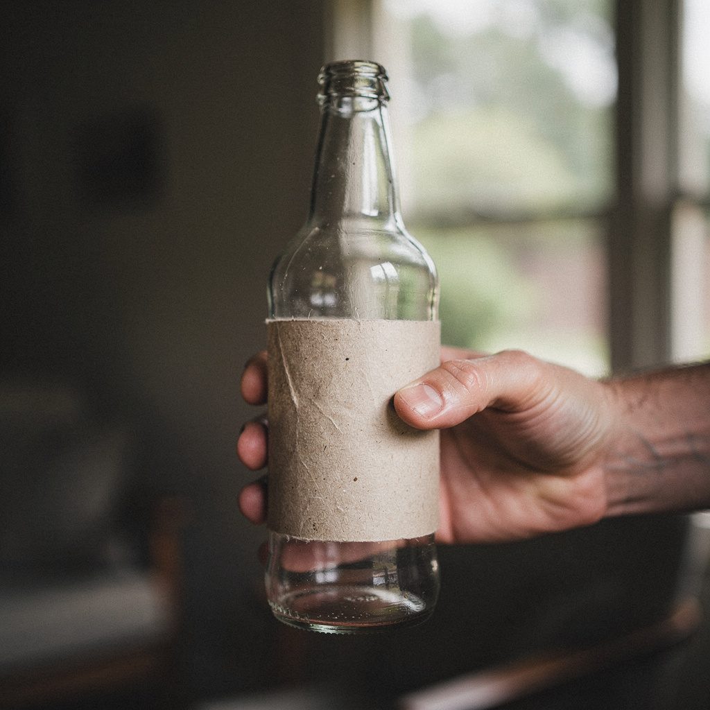 Hand holding a finished glass bottle with a printed label against window light